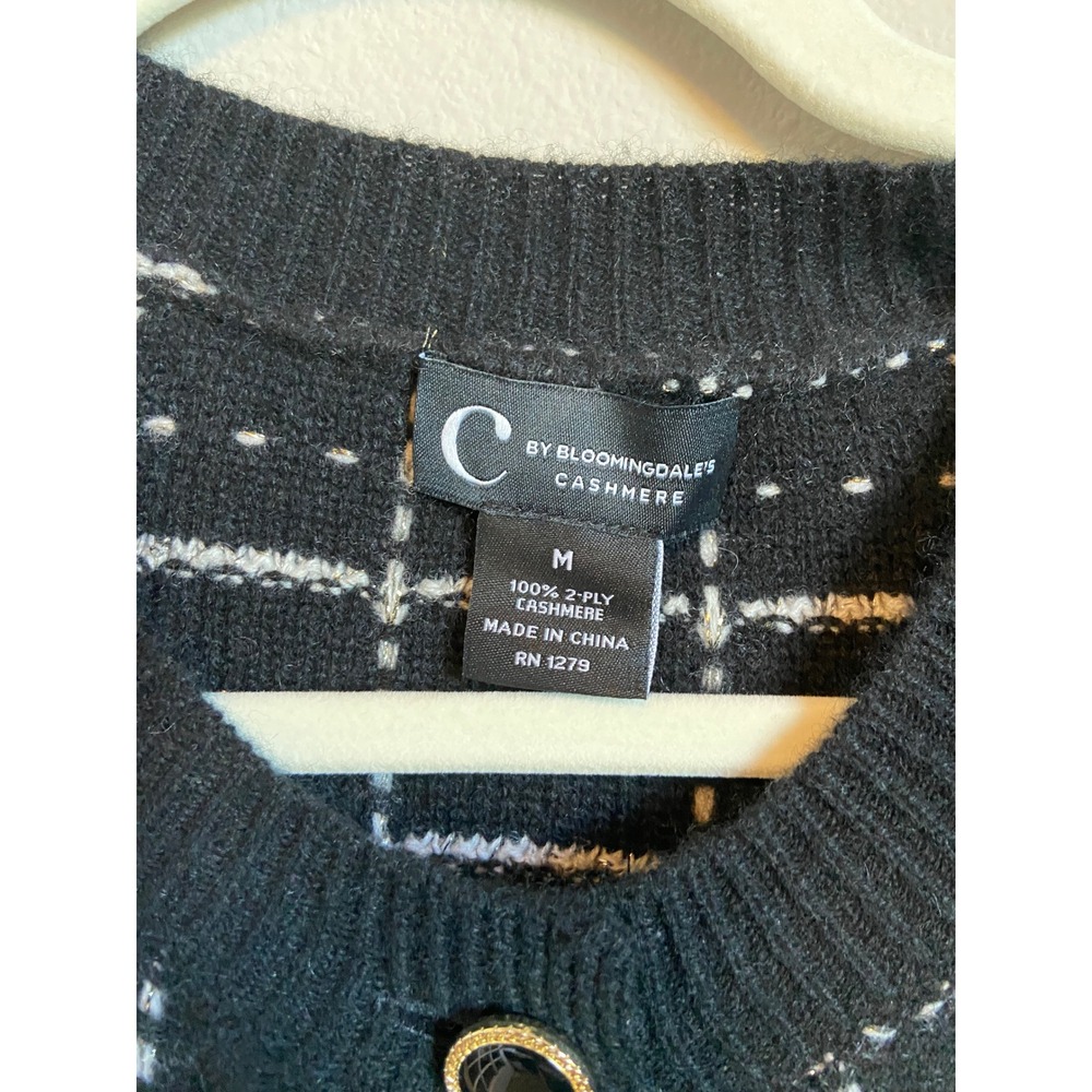 C‎ by Bloomingdales Cashmere Cardigan Sweater Black White Grid Metallic  M - Picture 2 of 8